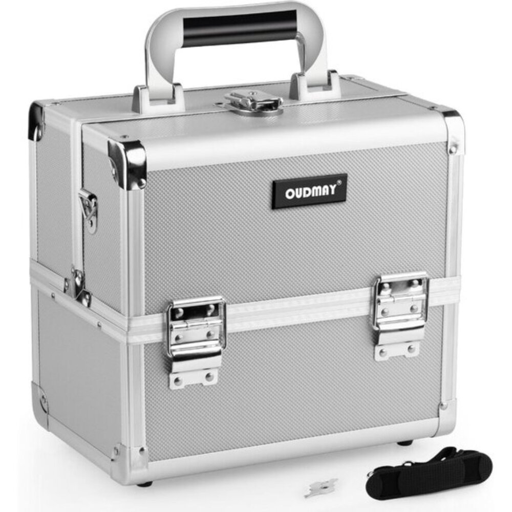 New Silver Diamond Makeup Case, Pro Aluminum Cosmetic Box with Locks & Trays